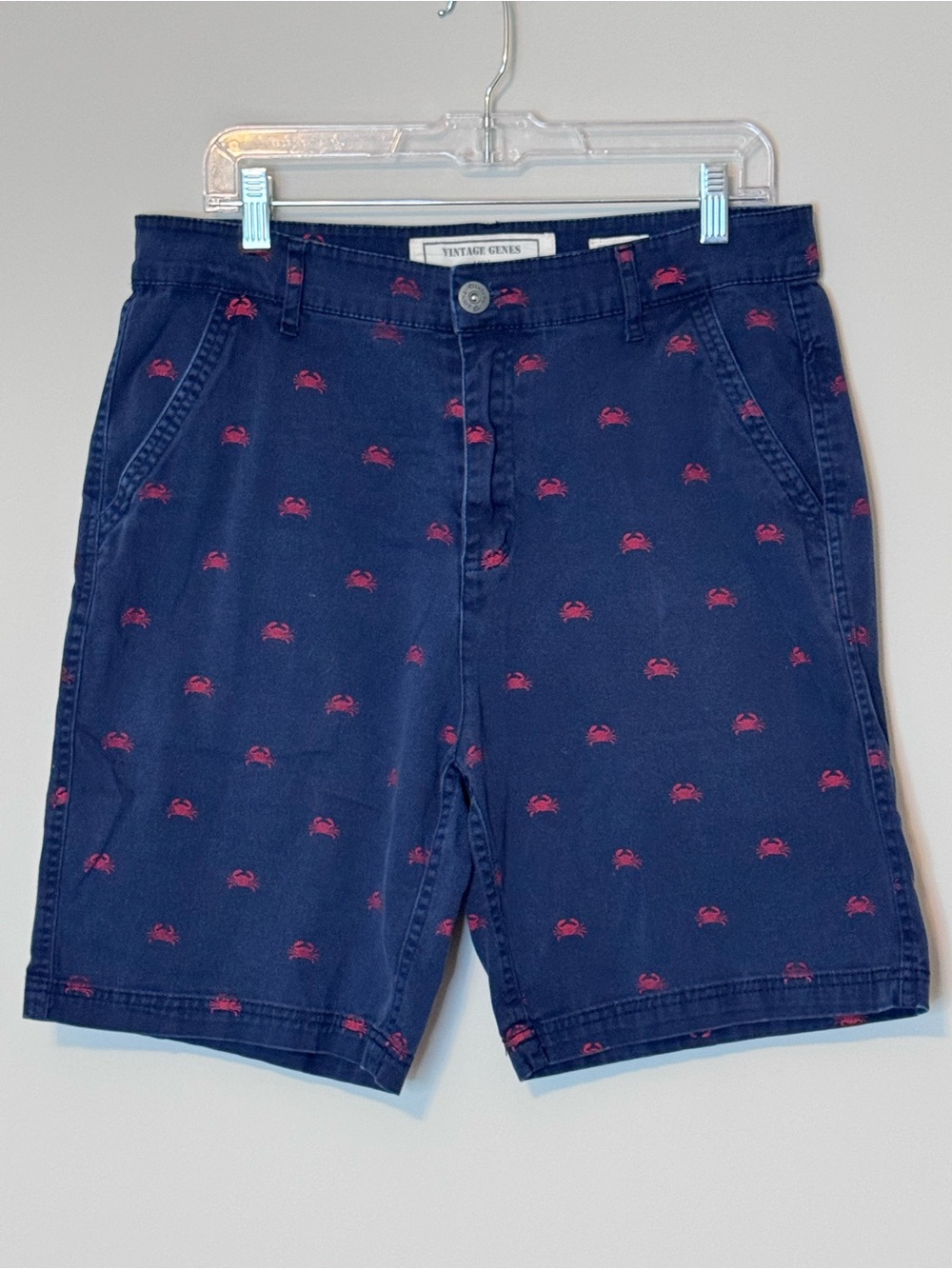 Vintage Genes Men’s W34 Navy Red Crab Print Chino Shorts
